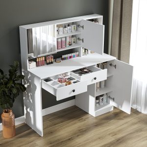 Roomart-2872-Ella-Makyaj-Tuvalet-Masası-Takı-Düzenleyici-Raflı-Kapaklı-Çekmeceli-Beyaz-1