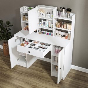 Roomart-2873-Glamo-Makyaj-Tuvalet-Masası-Takı-Düzenleyici-Raflı-Kapaklı-Çekmeceli-Beyaz-2