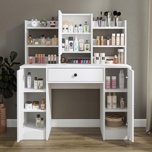 Roomart-2873-Glamo-Makyaj-Tuvalet-Masası-Takı-Düzenleyici-Raflı-Kapaklı-Çekmeceli-Beyaz-4