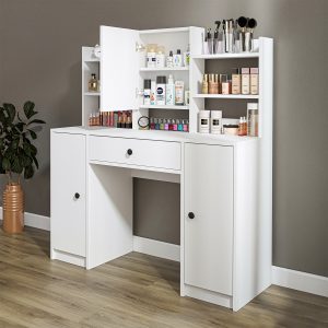 Roomart-2873-Glamo-Makyaj-Tuvalet-Masası-Takı-Düzenleyici-Raflı-Kapaklı-Çekmeceli-Beyaz-5